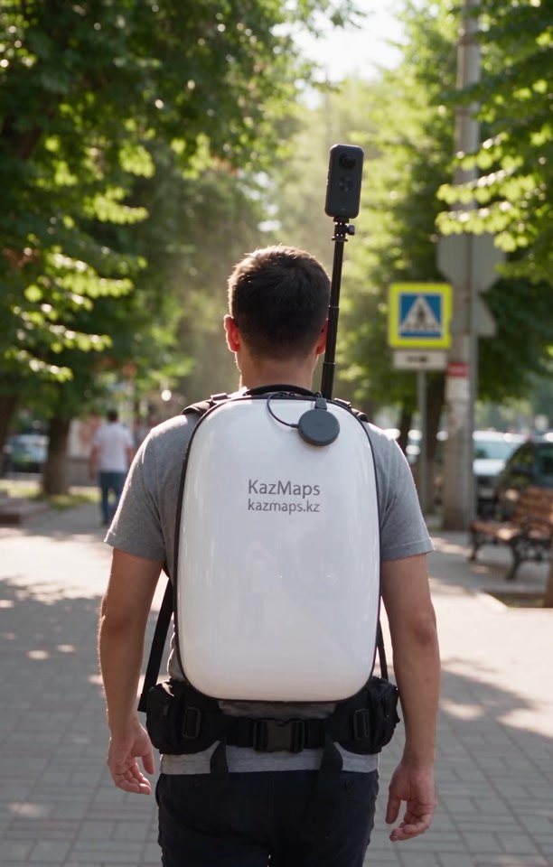 Оператор с рюкзаком KazMaps и панорамной камерой на тротуаре